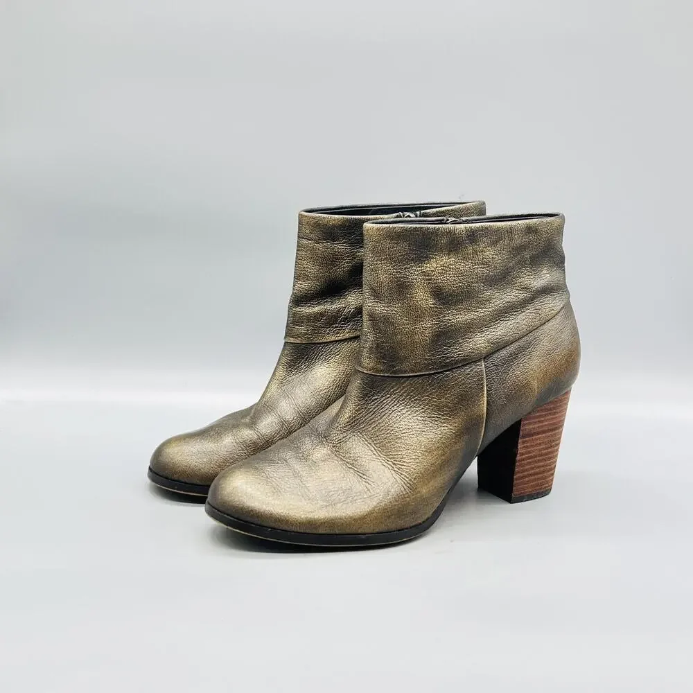 Cole Haan Boots Womens 10 Gold Leather Vtg Air Ankle Zip Block Heel Booties